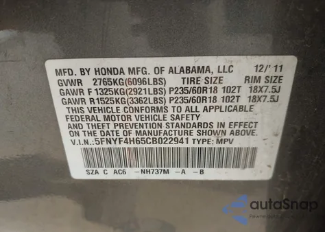 2012 Honda Pilot Ex-L from USA, damaged, VIN 5FNYF4H65CB022941